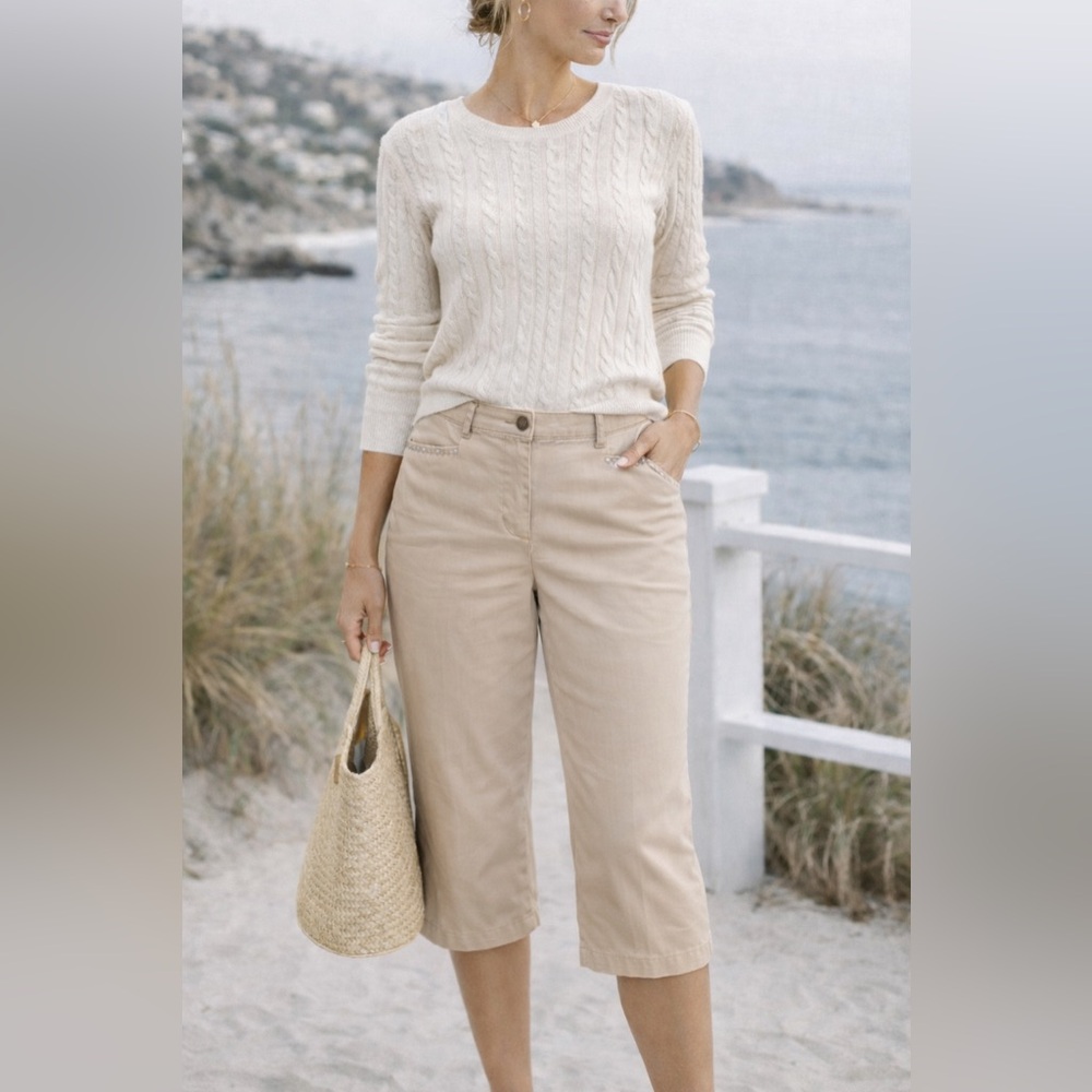 Vintage Y2K TanJay Beige Capri Pants Size 12 Petite Rhinestone Pocket Neutral